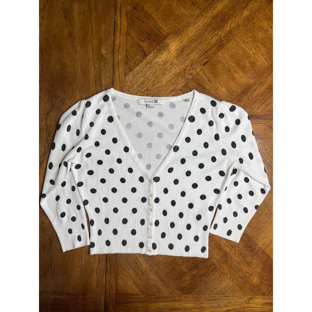 Forever 21 Cardigan White Black Polka Dot Cropped V-Neck Puff Sleeve Vintage Y2K